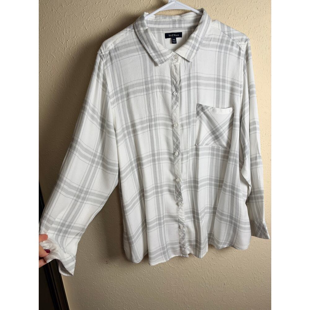 Women's 2X Well Worn 100% Viscose Plaid Button Down Flowy Casual Fall Boho - Picture 2 of 6